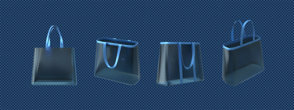 Transparent tote bags with hanging handles, blue shopping pouch with straps, clear plastic handbag mockup vector set