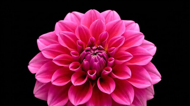Pink dahlia flower in full bloom against a black background, showcasing intricate petals