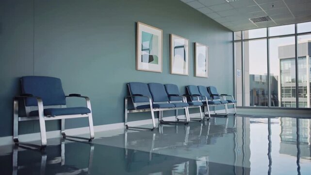 Modern waiting room with blue chairs and reflective floor by large window seating empty