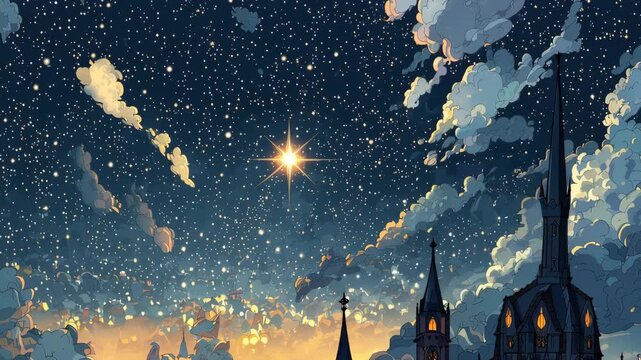 Enchanting anime castle under a starry night sky with a vibrant rainbow 4k video