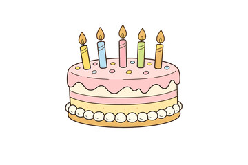 A cartoon illustration of a layered birthday cake with pink frosting and colorful sprinkles. Five lit candles in various colors stand on top against a solid black background.