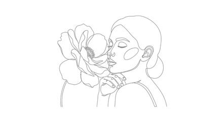 Obraz premium Woman smelling flower with closed eyes in elegant line art style