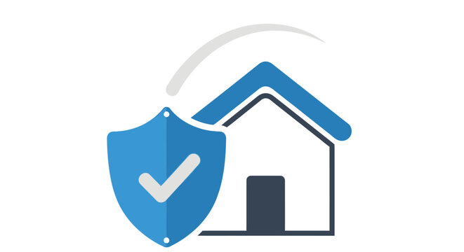 Home security icon A blue house outline protected by a shield with a checkmark