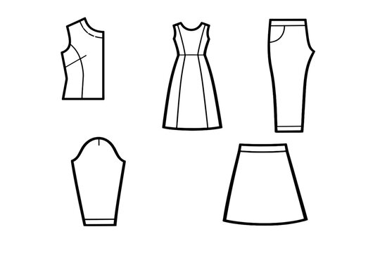 This image features white technical line drawings of garment silhouettes such as an A-line dress, a skirt, trousers, and pattern pieces for a bodice and sleeve on a black background.