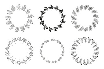 Set of cute round frames with hand drawn outline leafy twigs, herbs, berries, pussy willow isolated on white background.