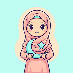 Fototapeta premium Cartoon Muslim Girl Holding Crescent Moon Star.