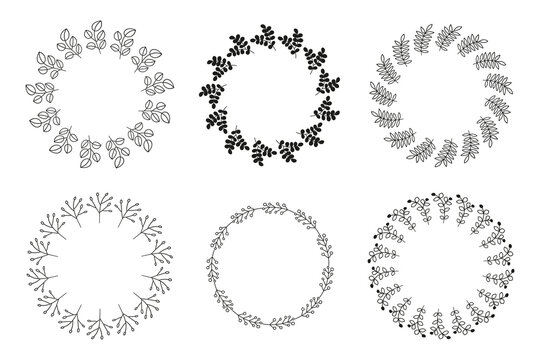 Set of cute round frames with hand drawn outline leafy twigs, herbs, berries, pussy willow isolated on white background.