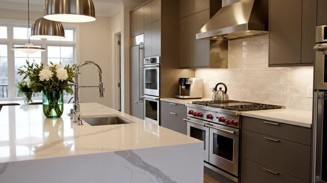 Modern kitchen, showcasing a large island with white marble, stainless steel appliances, and sleek design