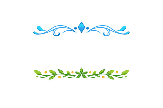 Two decorative horizontal dividers on a black background. The top one is blue with a diamond and swirls, while the bottom one features green leaves and yellow berries.