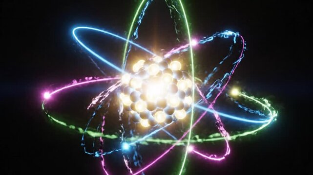 Vibrant Atomic Structure with Glowing Orbits and Nucleus