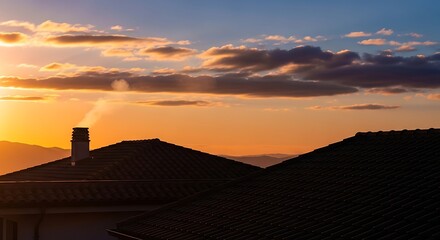 Fototapeta premium Silhouette of house and hills at sunset with cloudy sky