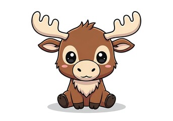 Fototapeta premium Cute cartoon moose with large antlers and big eyes sitting on the ground