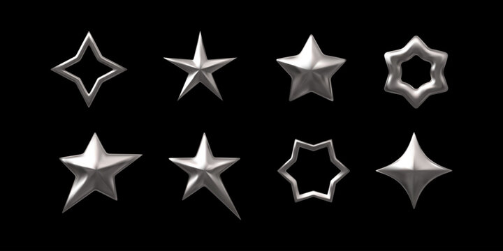 Set of different silver star shapes realistic 3D vector, chrome space emoji, abstract sparkle, award, Y2K decoration