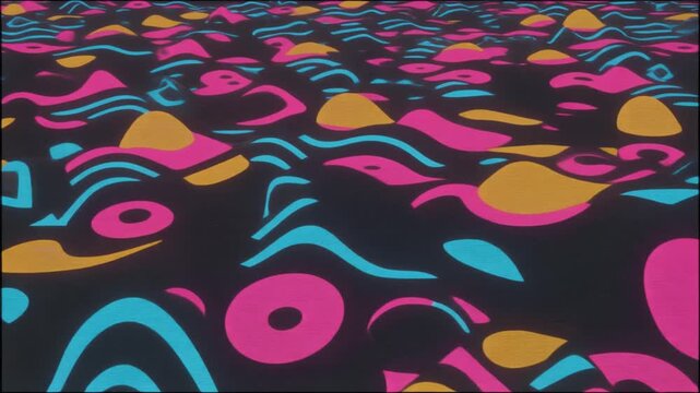 retro geometric shapes, expanding and contracting in rhythmic motion, bold 70s colors