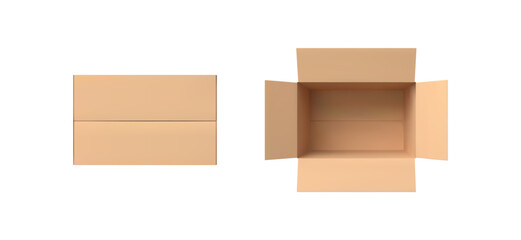 3D open, close cardboard empty box view from above, realistic brown carton parcel, cargo delivery package vector mockup