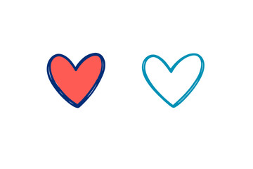 Two hand-drawn heart shapes are displayed against a solid black background. One heart is filled with a coral red color and outlined in blue, while the other is a simple blue outline.