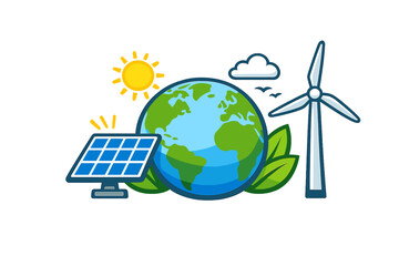 Fototapeta premium A cartoon illustration of planet Earth surrounded by renewable energy sources including a solar panel, a wind turbine, a bright sun, green leaves, and a white cloud.