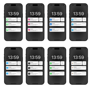 iPhone Lock Screen Notifications Mockup &ndash; Messages, Instagram, LinkedIn, Messenger, WhatsApp, X (Twitter), Facebook, Gmail App Alerts UI Design