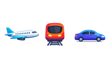 Fototapeta premium A set of three stylized transportation icons featuring a white and blue airplane, a red and orange train on tracks, and a blue car, all isolated against a solid black background.