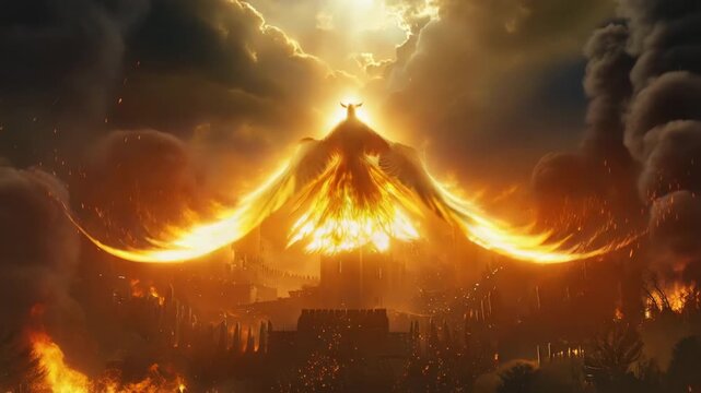 Fiery phoenix rising from ashes over a burning city with dramatic light 4k video