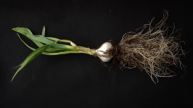 A whole leek with leaves and roots on a black background, emphasizing details