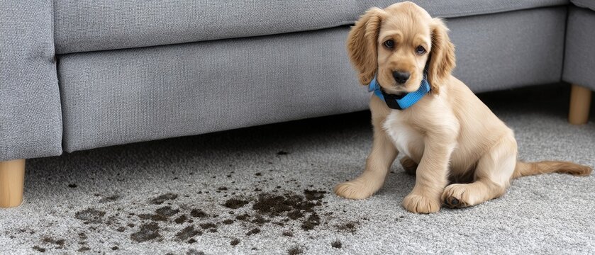 Cute cocker spaniel dog leaves muddy paw prints on carpet in living room with empty sofa in background and natural light from window