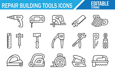 Fototapeta premium Repair Kit Line Icons Set. Editable Vector Symbols of Building Tools and Hardware.