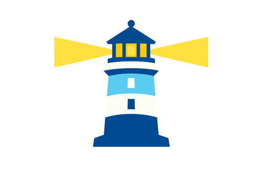 A stylized blue and white lighthouse illustration emitting bright yellow beams of light from its lantern room, set against a solid black background.