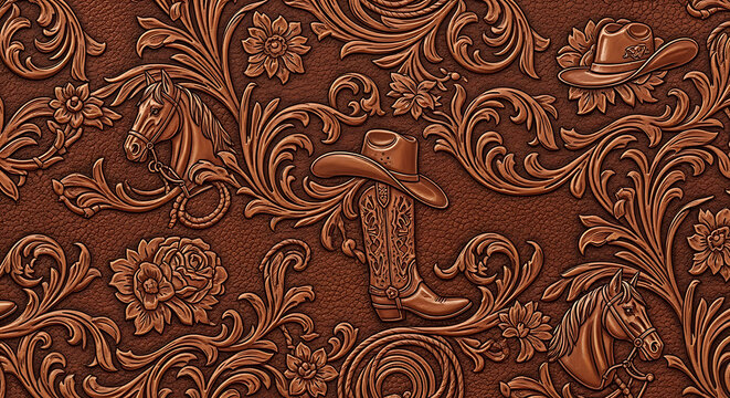 Western Cowboy Tooled Leather Pattern Background with Horses and Boots