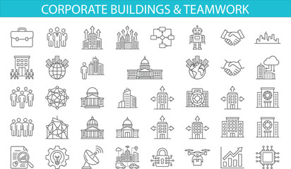 Obraz premium Modern business and technology icon set featuring corporate buildings, teamwork, networking, finance, smart city infrastructure, and innovation concepts in minimalist outline design
