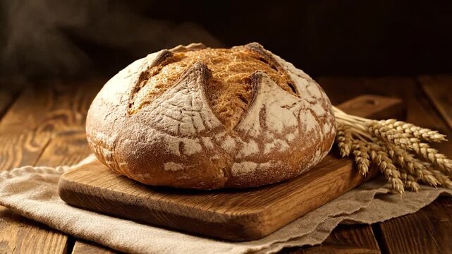 Freshly baked artisan bread on a wooden board with wheat sprigs and rustic background