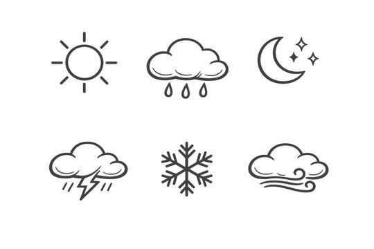 A set of six hand-drawn weather icons featuring a sun, rain cloud, crescent moon with stars, thunderstorm, snowflake, and windy cloud on a solid black background.