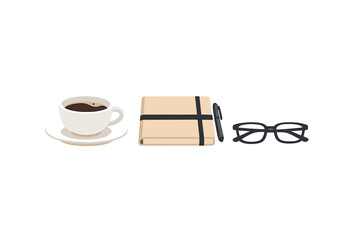 A minimalist illustration featuring a white cup of black coffee on a saucer, a tan notebook with a black pen, and a pair of black-framed eyeglasses set against a solid black background.