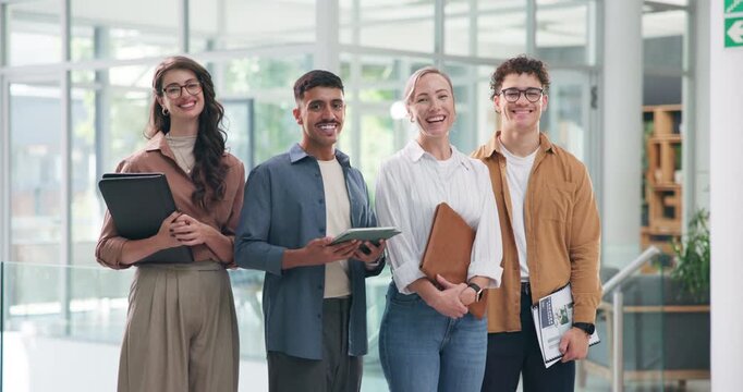 Face, media agency and business people in workplace, funny and about us for design company. Employees, men and women in office, collaboration and coworking for creative project and laughing with joke