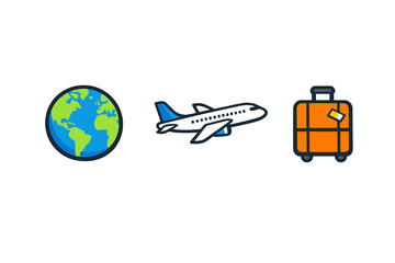 A set of three travel-themed icons featuring a blue and green globe, a white airplane with blue details, and an orange suitcase with wheels on a solid black background.
