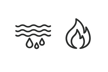 Obraz premium A minimalist black line art illustration featuring two distinct icons: one representing water with wavy lines and raindrops, and the other depicting a simple flame or fire symbol.