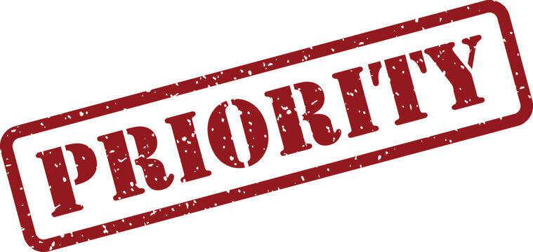 A striking red rectangular rubber stamp featuring the word PRIORITY on a clean white backdrop