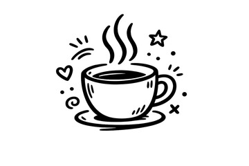Obraz premium A simple white line art illustration of a steaming cup of coffee or tea on a saucer, surrounded by decorative elements like a heart, a star, and a crown on a black background.