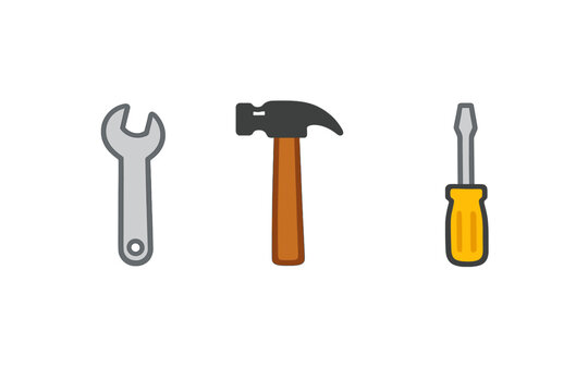 A flat illustration of three common hand tools including a silver wrench, a hammer with a wooden handle, and a yellow screwdriver, all arranged vertically on a solid black background.