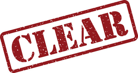 A vibrant red rubber stamp with distressed texture spells out the word CLEAR against a crisp white backdrop