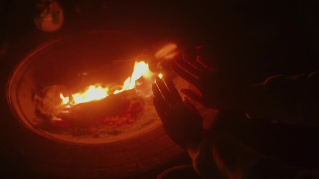 Warming hands by fire at the camp in night. Campfire with woods burning