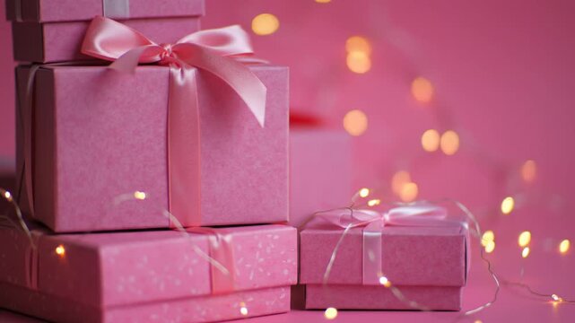 A stack of elegantly wrapped pink gift boxes adorned with ribbons and bows, surrounded by warm string lights on a pink background