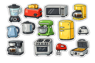A collection of colorful kitchen appliance stickers featuring a blender, toaster, microwave, coffee maker, kettle, mixer, refrigerator, and stove on a black background.