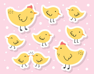 Cute stickers with cartoon chicks and chickens. Easter chicks icons. Set. Vector illustration