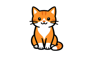 Obraz premium This minimalist illustration depicts a friendly orange tabby cat with black stripes and large eyes. The cartoon kitten is sitting forward on a solid black background in a flat style.