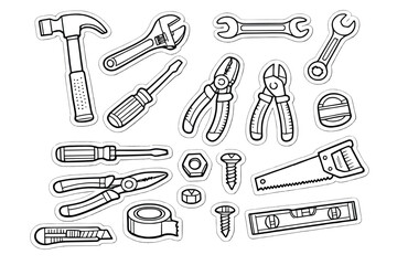 A collection of hand-drawn tool icons including a hammer, saw, screwdrivers, and pliers. These black and white line art illustrations are presented as stickers on a dark background.