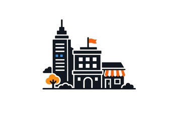 A flat vector illustration of a city street featuring a tall skyscraper, a building with an orange flag, and a small shop with a striped awning against a black background.