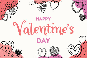 Cute Valentine&rsquo;s Day greeting card with cartoon hearts. Background with hand drawn elements. Vector illustration