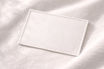 A close-up of a sewn-on brand tag on high-quality natural fabric. An exquisite textile detail, ideal for fashion branding and presenting high-quality textiles.
