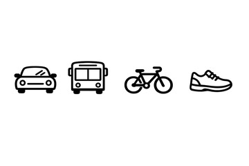 Fototapeta premium A minimalist black and white line art illustration featuring four icons representing different modes of transportation: a car, a bus, a bicycle, and a sneaker for walking.